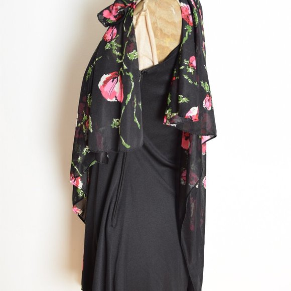vintage 70s dress black pink one shoulder draped floral print disco mini S - Picture 5 of 7